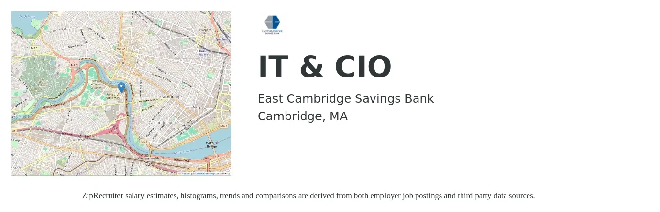 East Cambridge Savings Bank job posting for a IT & CIO in Cambridge, MA with a salary of $60,300 to $141,900 Yearly with a map of Cambridge location.