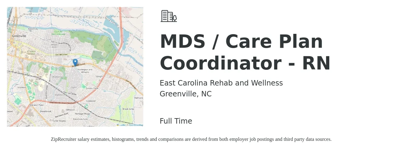East Carolina Rehab and Wellness job posting for a MDS / Care Plan Coordinator - RN in Greenville, NC with a salary of $33 to $42 Hourly with a map of Greenville location.