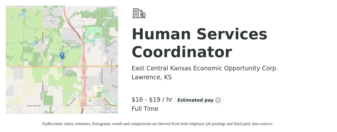 East Central Kansas Economic Opportunity Corp. job posting for a Human Services Coordinator in Lawrence, KS with a salary of $17 to $20 Hourly with a map of Lawrence location.