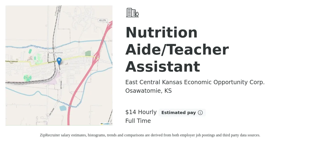 East Central Kansas Economic Opportunity Corp. job posting for a Nutrition Aide/Teacher Assistant in Osawatomie, KS with a salary of $15 Hourly with a map of Osawatomie location.