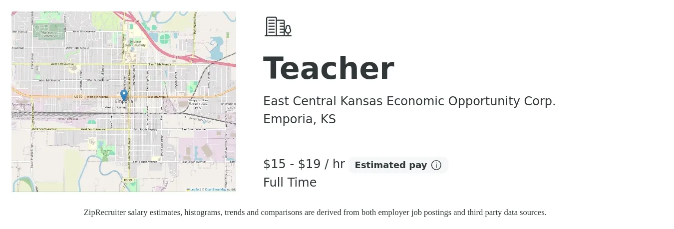 East Central Kansas Economic Opportunity Corp. job posting for a Teacher in Emporia, KS with a salary of $16 to $20 Hourly with a map of Emporia location.