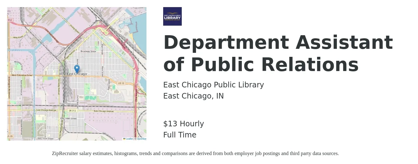 East Chicago Public Library job posting for a Department Assistant of Public Relations in East Chicago, IN with a salary of $14 Hourly with a map of East Chicago location.