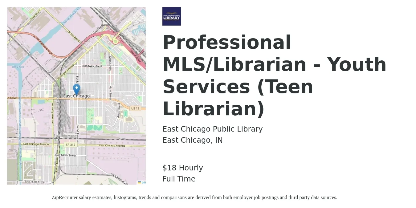 East Chicago Public Library job posting for a Professional MLS/Librarian - Youth Services (Teen Librarian) in East Chicago, IN with a salary of $19 Hourly with a map of East Chicago location.