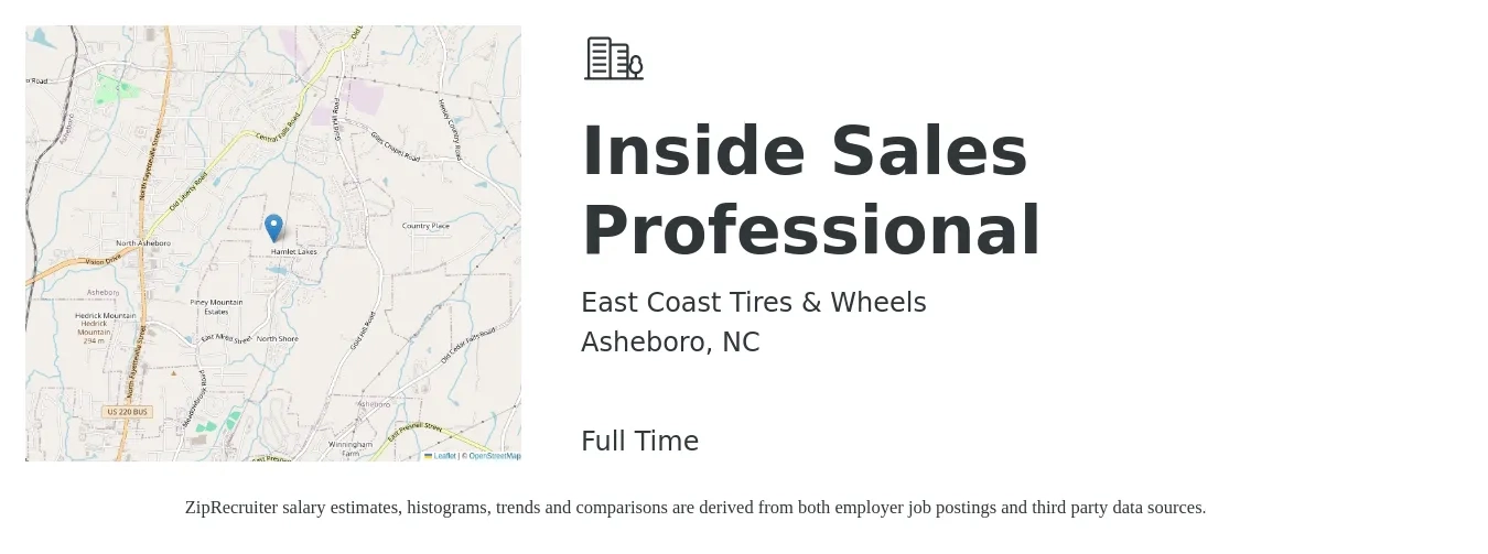 East Coast Tires & Wheels job posting for a Inside Sales Professional in Asheboro, NC with a salary of $10 to $27 Hourly with a map of Asheboro location.