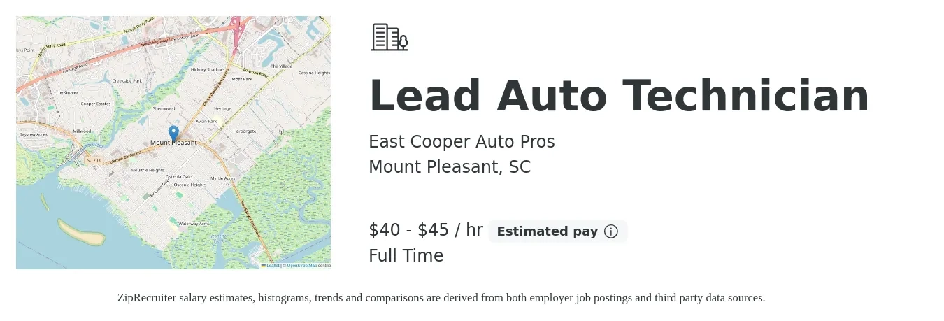 East Cooper Auto Pros job posting for a Lead Auto Technician in Mount Pleasant, SC with a salary of $42 to $47 Hourly with a map of Mount Pleasant location.