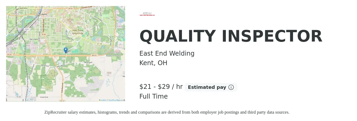 East End Welding job posting for a QUALITY INSPECTOR in Kent, OH with a salary of $22 to $31 Hourly with a map of Kent location.