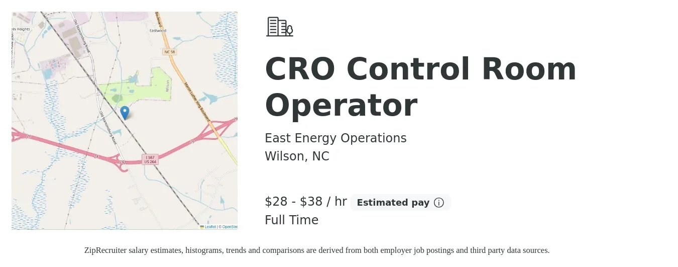 East Energy Operations job posting for a CRO Control Room Operator in Wilson, NC with a salary of $30 to $40 Hourly with a map of Wilson location.