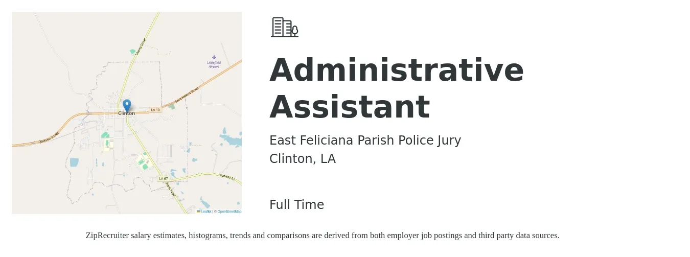 East Feliciana Parish Police Jury job posting for a Administrative Assistant in Clinton, LA with a salary of $16 to $21 Hourly with a map of Clinton location.
