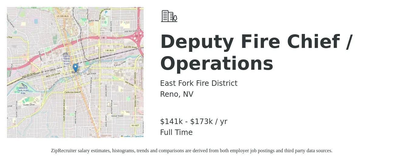 East Fork Fire District job posting for a Deputy Fire Chief / Operations in Reno, NV with a salary of $141,516 to $173,327 Yearly with a map of Reno location.