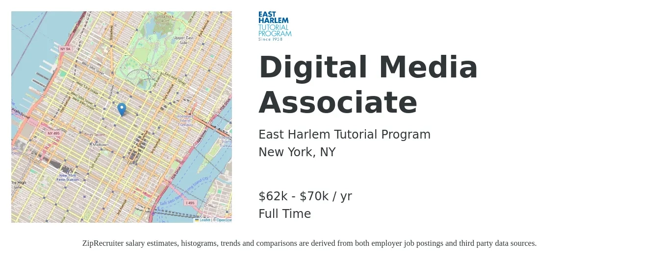 East Harlem Tutorial Program job posting for a Digital Media Associate in New York, NY with a salary of $62,400 to $70,232 Yearly with a map of New York location.