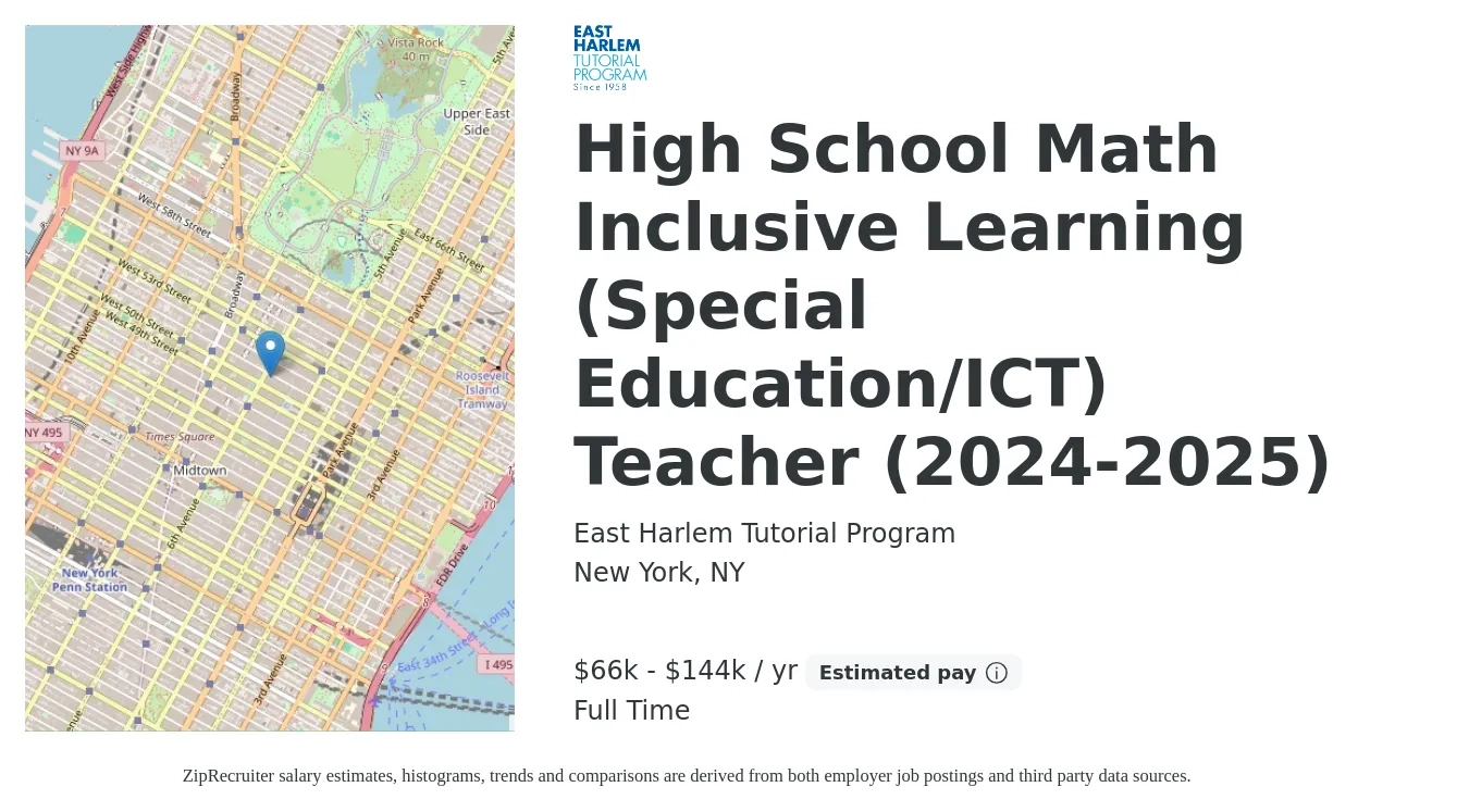 East Harlem Tutorial Program job posting for a High School Math Inclusive Learning (Special Education/ICT) Teacher (2024-2025) in New York, NY with a salary of $66,000 to $144,000 Yearly with a map of New York location.