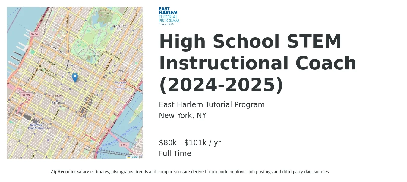 East Harlem Tutorial Program job posting for a High School STEM Instructional Coach (2024-2025) in New York, NY with a salary of $80,000 to $101,342 Yearly with a map of New York location.