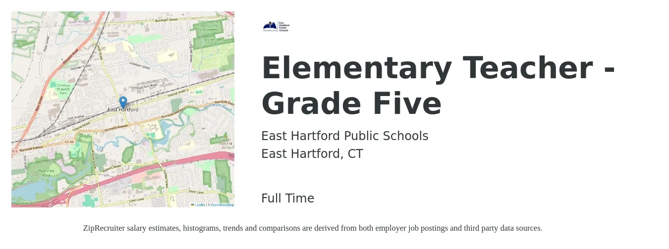 East Hartford Public Schools job posting for a Elementary Teacher - Grade Five in East Hartford, CT with a salary of $44,200 to $59,600 Yearly with a map of East Hartford location.