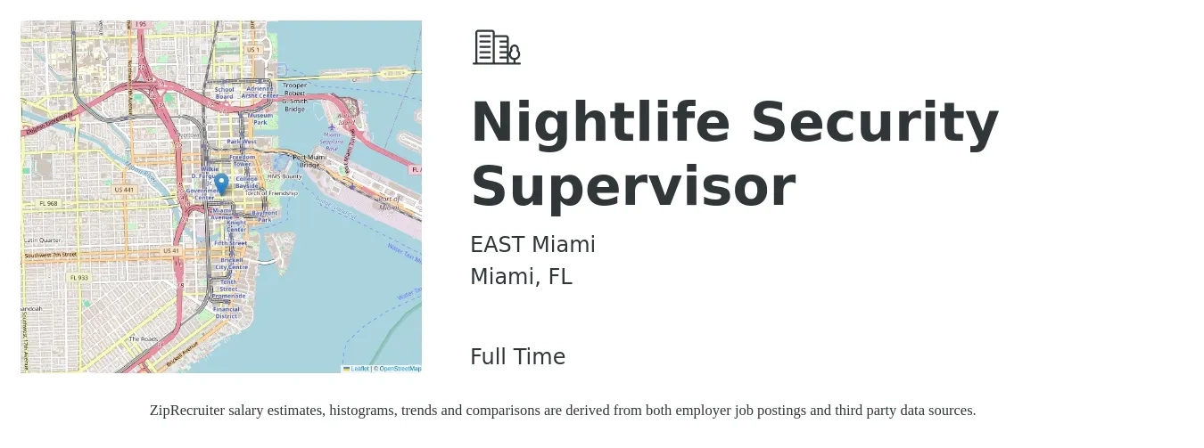 EAST Miami job posting for a Nightlife Security Supervisor in Miami, FL with a salary of $18 to $29 Hourly with a map of Miami location.