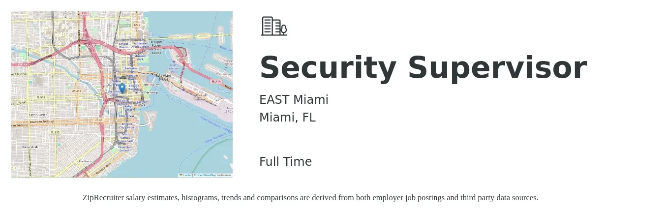 EAST Miami job posting for a Security Supervisor in Miami, FL with a salary of $18 to $29 Hourly with a map of Miami location.