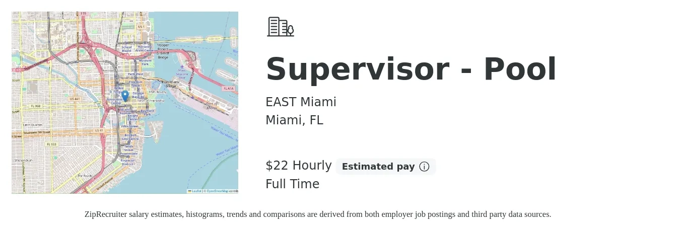 EAST Miami job posting for a Supervisor - Pool in Miami, FL with a salary of $23 Hourly with a map of Miami location.