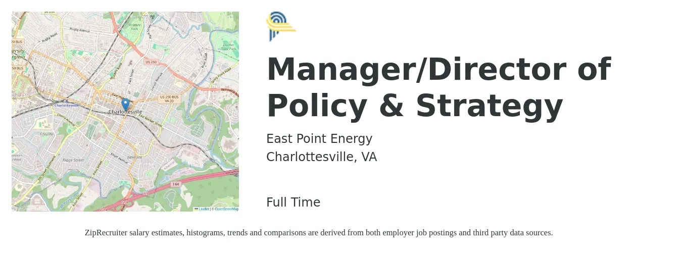 East Point Energy job posting for a Manager/Director of Policy & Strategy in Charlottesville, VA with a salary of $89,300 to $156,200 Yearly with a map of Charlottesville location.