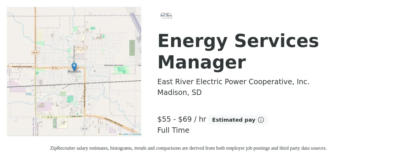 East River Electric Power Cooperative, Inc. job posting for a Energy Services Manager in Madison, SD with a salary of $120,000 to $150,000 Yearly with a map of Madison location.