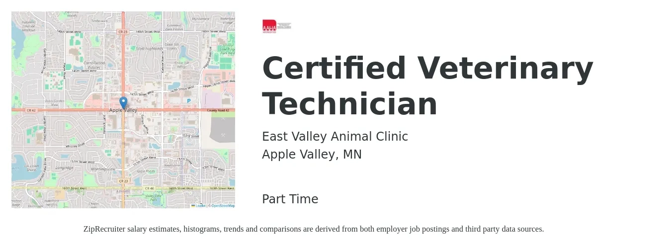 East Valley Animal Clinic job posting for a Certified Veterinary Technician in Apple Valley, MN with a salary of $19 to $26 Hourly with a map of Apple Valley location.