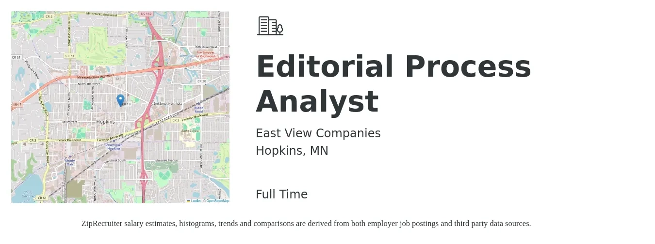 East View Companies job posting for a Editorial Process Analyst in Hopkins, MN with a salary of $30 to $48 Hourly with a map of Hopkins location.