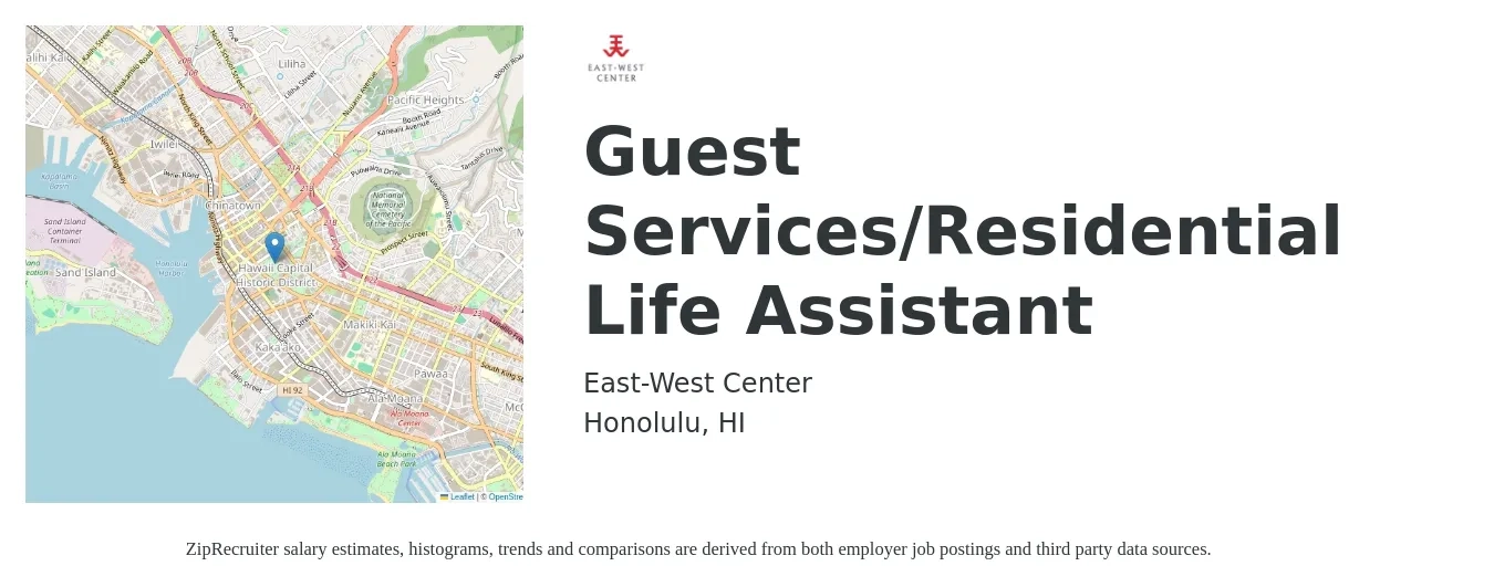 East-West Center job posting for a Guest Services/Residential Life Assistant in Honolulu, HI with a salary of $55,659 Yearly with a map of Honolulu location.