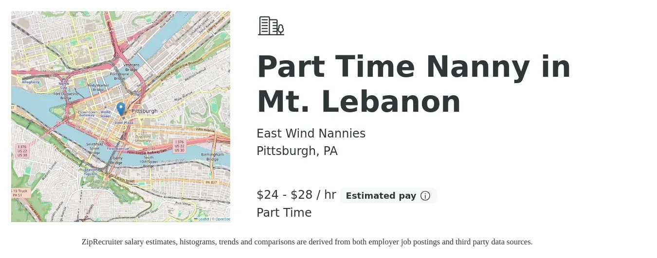 East Wind Nannies job posting for a Part Time Nanny in Mt. Lebanon in Pittsburgh, PA with a salary of $25 to $30 Hourly with a map of Pittsburgh location.