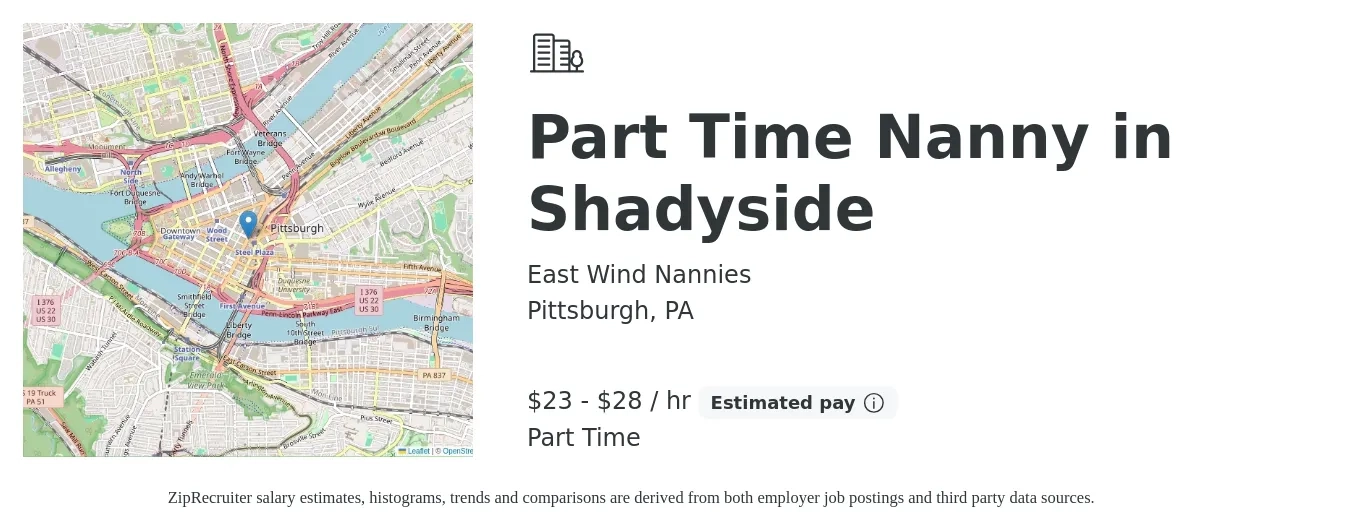 East Wind Nannies job posting for a Part Time Nanny in Shadyside in Pittsburgh, PA with a salary of $24 to $30 Hourly with a map of Pittsburgh location.
