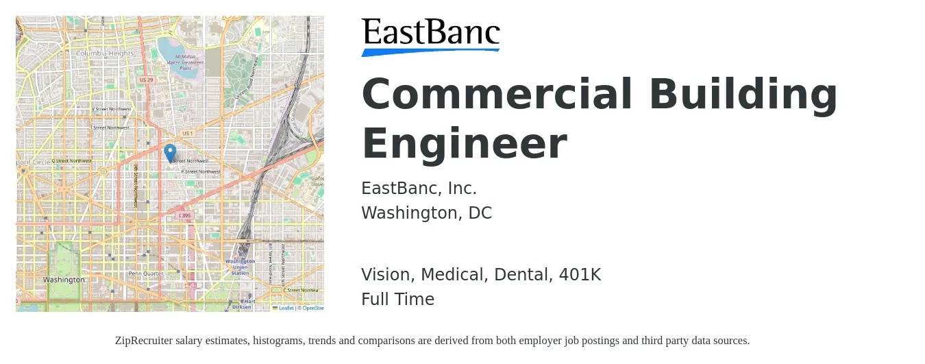 EastBanc, Inc. job posting for a Commercial Building Engineer in Washington, DC with a salary of $30 to $43 Hourly and benefits including 401k, dental, life_insurance, medical, and vision with a map of Washington location.