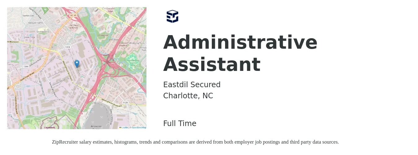 Eastdil Secured job posting for a Administrative Assistant in Charlotte, NC with a salary of $18 to $24 Hourly with a map of Charlotte location.