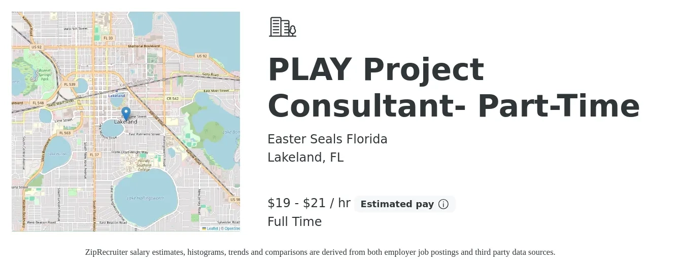 Easter Seals Florida job posting for a PLAY Project Consultant- Part-Time in Lakeland, FL with a salary of $20 to $22 Hourly with a map of Lakeland location.