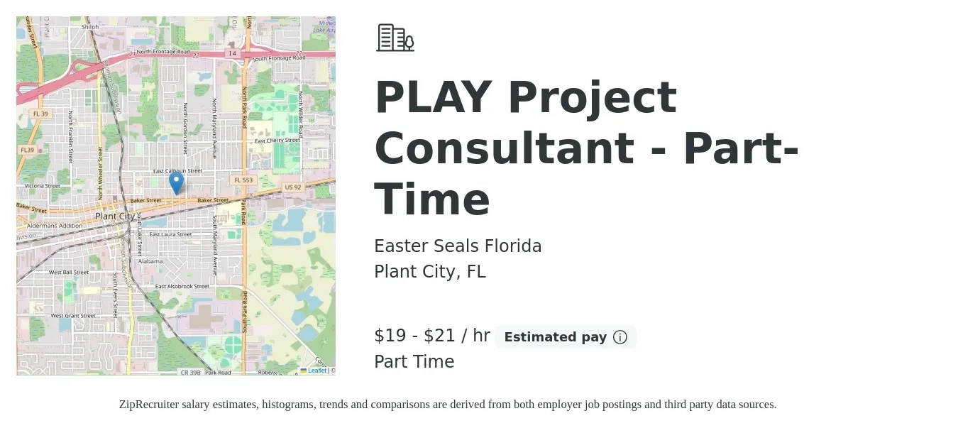 Easter Seals Florida job posting for a PLAY Project Consultant - Part-Time in Plant City, FL with a salary of $20 to $22 Hourly with a map of Plant City location.