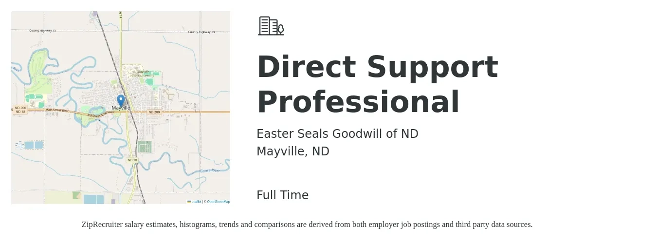 Easter Seals Goodwill of ND job posting for a Direct Support Professional in Mayville, ND with a salary of $15 to $18 Hourly with a map of Mayville location.