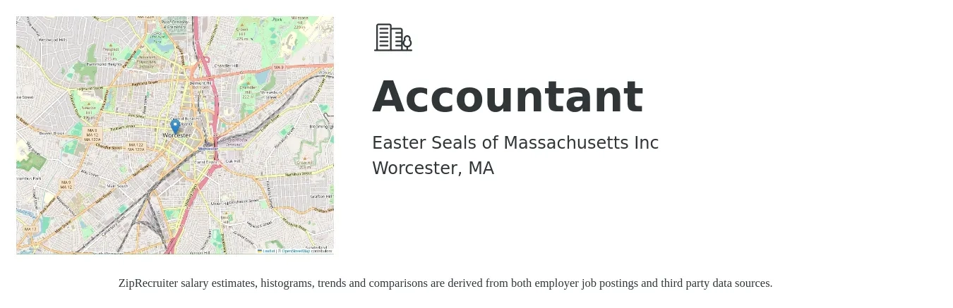 Easter Seals of Massachusetts Inc job posting for a Accountant in Worcester, MA with a salary of $53,300 to $78,200 Yearly with a map of Worcester location.