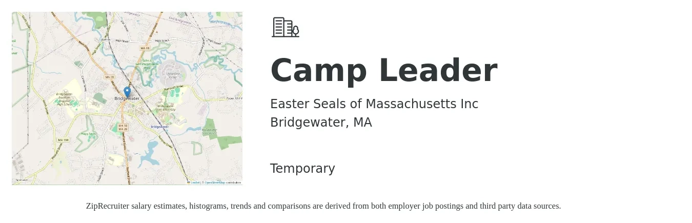 Easter Seals of Massachusetts Inc job posting for a Camp Leader in Bridgewater, MA with a salary of $16 to $21 Hourly with a map of Bridgewater location.