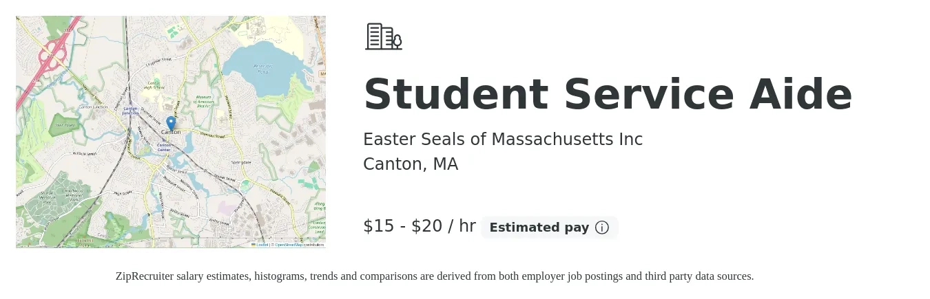 Easter Seals of Massachusetts Inc job posting for a Student Service Aide in Canton, MA with a salary of $16 to $25 Hourly with a map of Canton location.