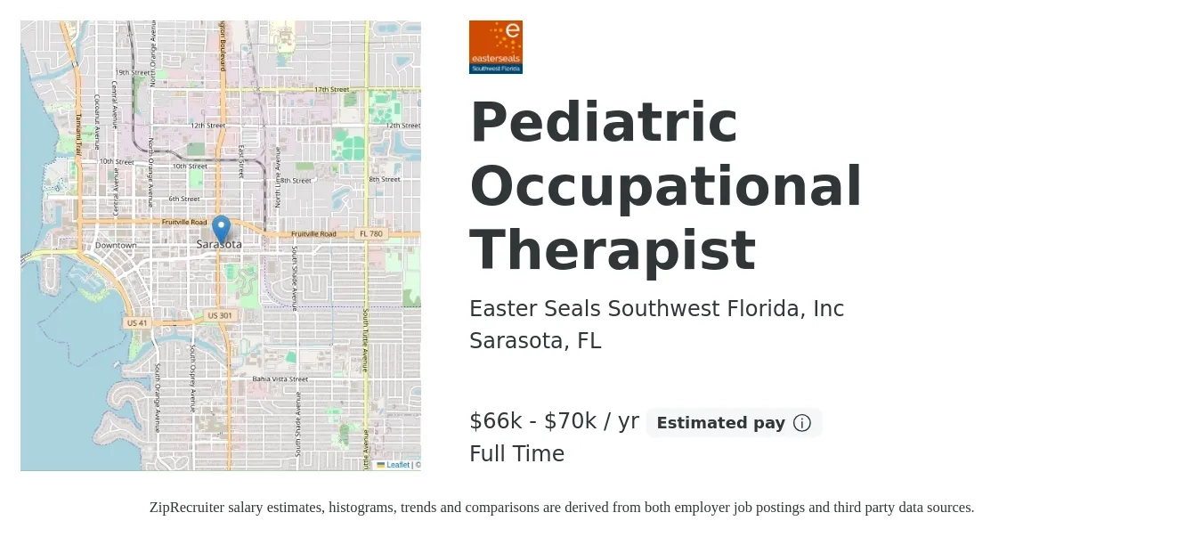 Easter Seals Southwest Florida, Inc job posting for a Pediatric Occupational Therapist in Sarasota, FL with a salary of $66,000 to $70,000 Yearly with a map of Sarasota location.