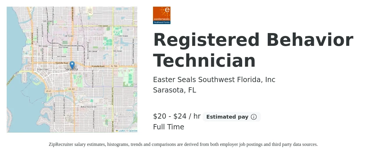 Easter Seals Southwest Florida, Inc job posting for a Registered Behavior Technician in Sarasota, FL with a salary of $21 to $25 Hourly with a map of Sarasota location.