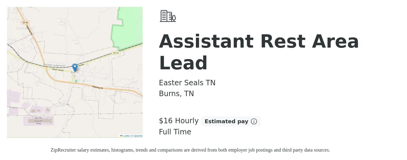 Easter Seals TN job posting for a Assistant Rest Area Lead in Burns, TN with a salary of $17 Hourly with a map of Burns location.