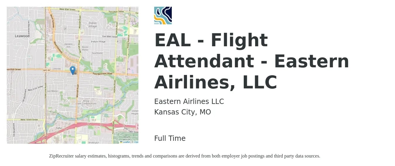 Eastern Airlines LLC job posting for a EAL - Flight Attendant - Eastern Airlines, LLC in Kansas City, MO with a salary of $31,800 to $44,800 Yearly with a map of Kansas City location.