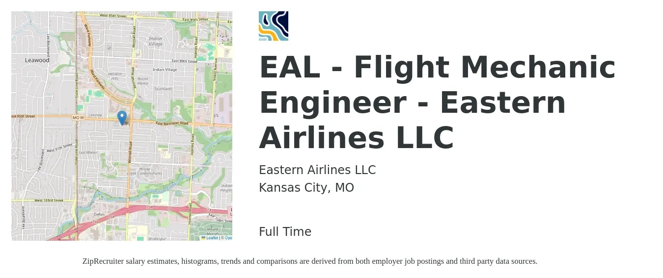 Eastern Airlines LLC job posting for a EAL - Flight Mechanic Engineer - Eastern Airlines LLC in Kansas City, MO with a salary of $42 to $66 Hourly with a map of Kansas City location.