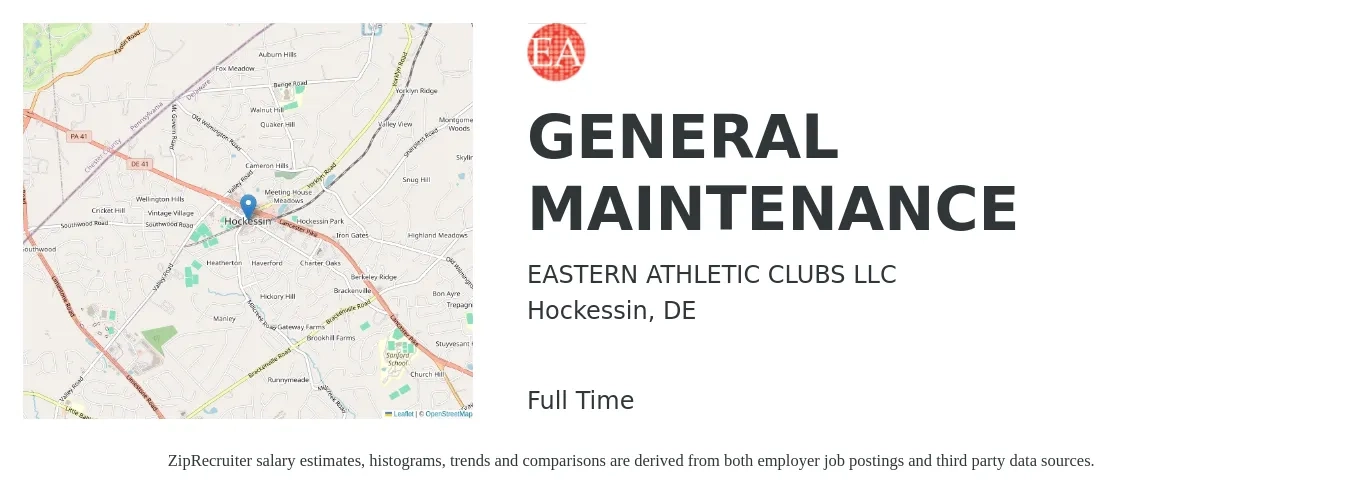 EASTERN ATHLETIC CLUBS LLC job posting for a GENERAL MAINTENANCE in Hockessin, DE with a salary of $19 to $27 Hourly with a map of Hockessin location.