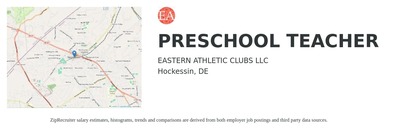 EASTERN ATHLETIC CLUBS LLC job posting for a PRESCHOOL TEACHER in Hockessin, DE with a salary of $15 to $20 Hourly with a map of Hockessin location.