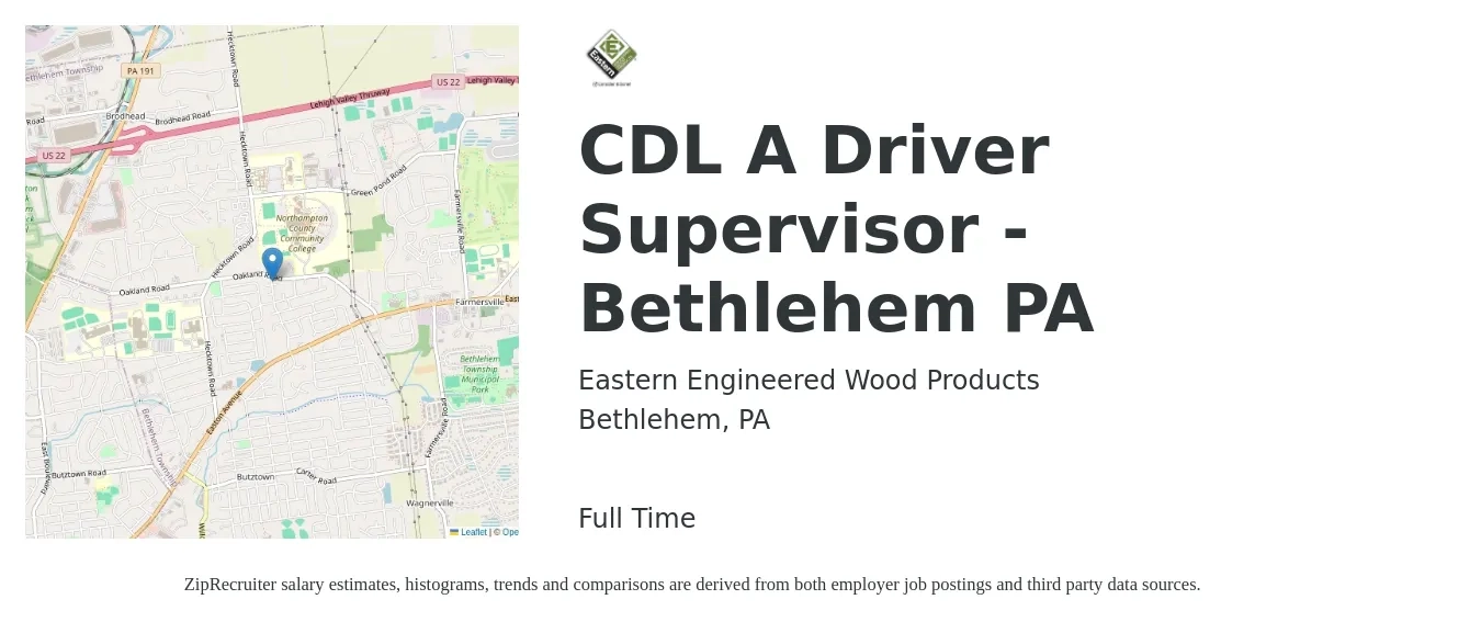 Eastern Engineered Wood Products job posting for a CDL A Driver Supervisor - Bethlehem PA in Bethlehem, PA with a salary of $47,400 to $56,800 Yearly with a map of Bethlehem location.
