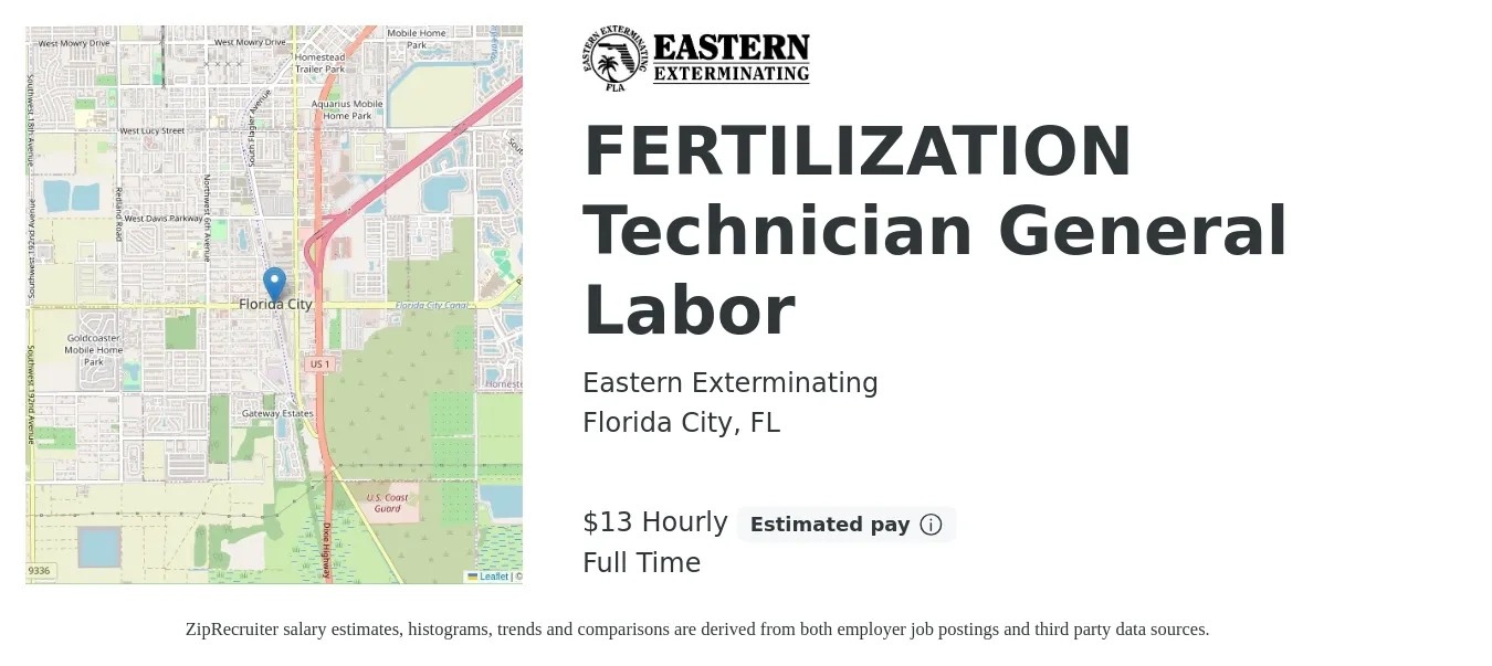 Eastern Exterminating job posting for a FERTILIZATION Technician General Labor in Florida City, FL with a salary of $14 Hourly with a map of Florida City location.