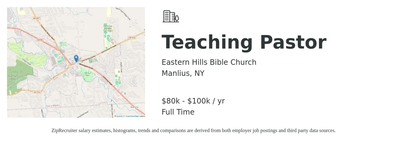 Eastern Hills Bible Church job posting for a Teaching Pastor in Manlius, NY with a salary of $80,000 to $100,000 Yearly with a map of Manlius location.