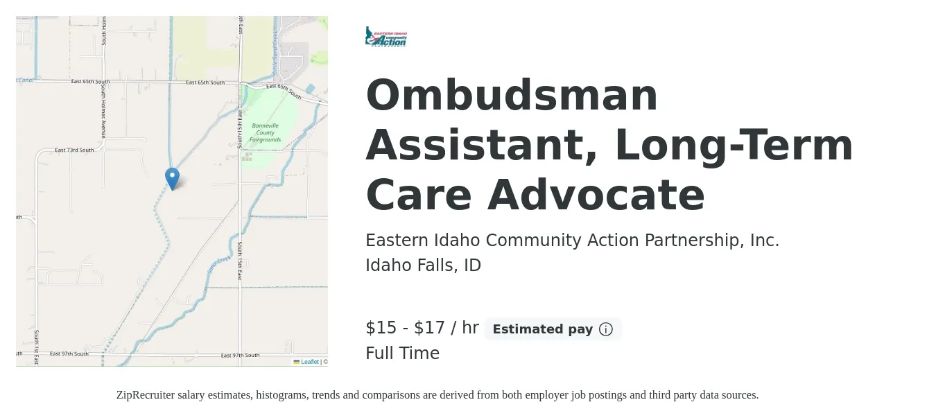 Eastern Idaho Community Action Partnership, Inc. job posting for a Ombudsman Assistant, Long-Term Care Advocate in Idaho Falls, ID with a salary of $16 to $18 Hourly with a map of Idaho Falls location.
