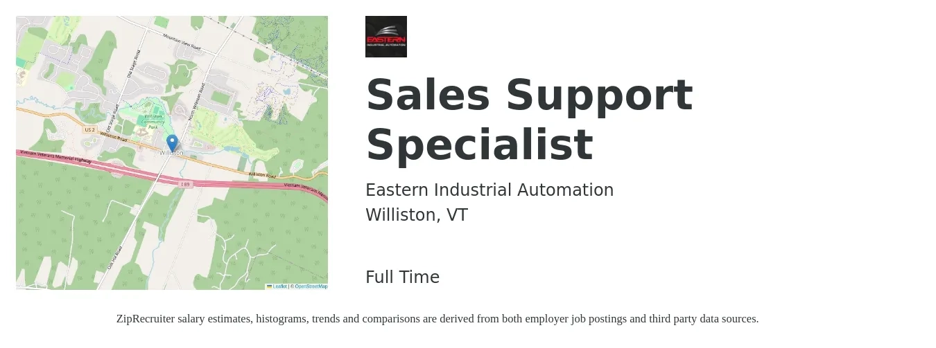 Eastern Industrial Automation job posting for a Sales Support Specialist in Williston, VT with a salary of $23 to $32 Hourly with a map of Williston location.