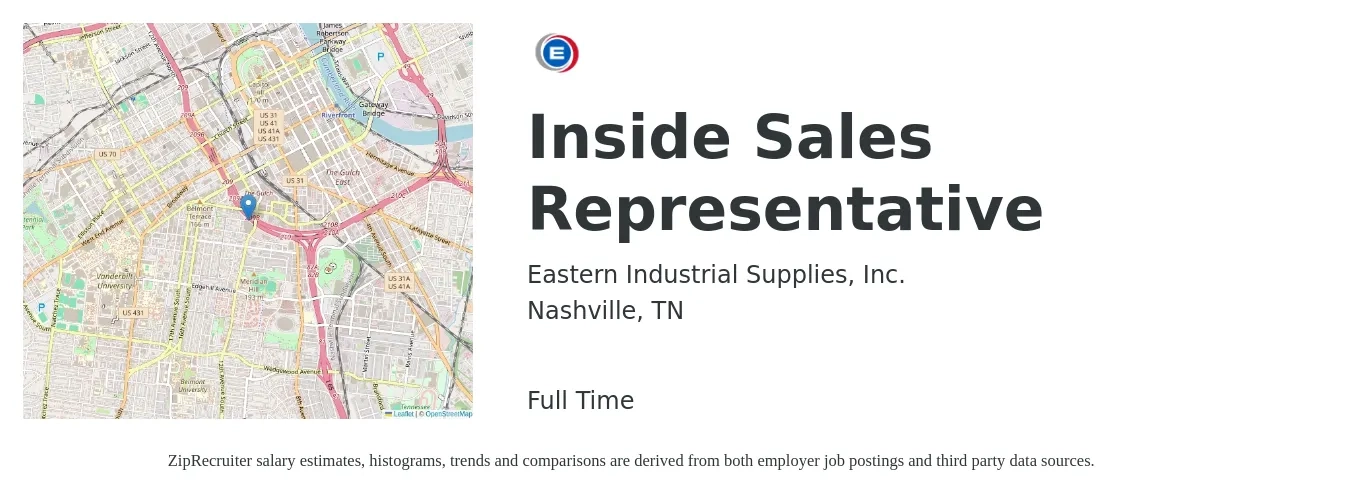 Eastern Industrial Supplies, Inc. job posting for a Inside Sales Representative in Nashville, TN with a salary of $38,100 to $57,000 Yearly with a map of Nashville location.