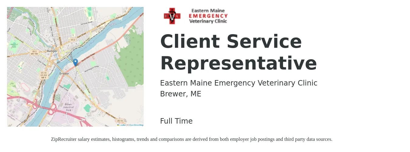 Eastern Maine Emergency Veterinary Clinic job posting for a Client Service Representative in Brewer, ME with a salary of $16 to $19 Hourly with a map of Brewer location.