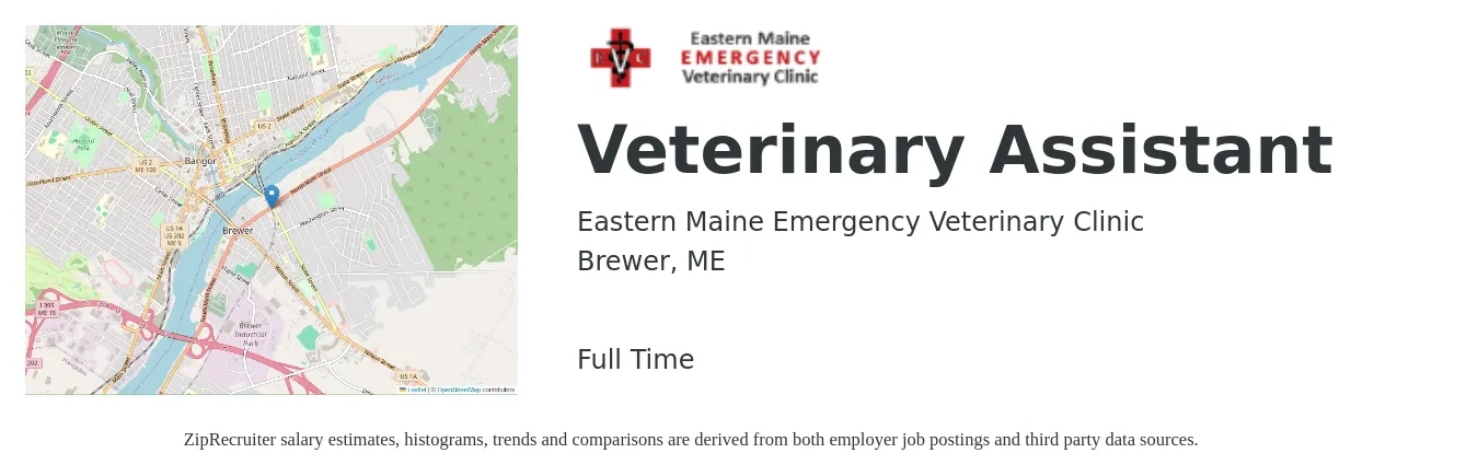Eastern Maine Emergency Veterinary Clinic job posting for a Veterinary Assistant in Brewer, ME with a salary of $16 to $20 Hourly with a map of Brewer location.